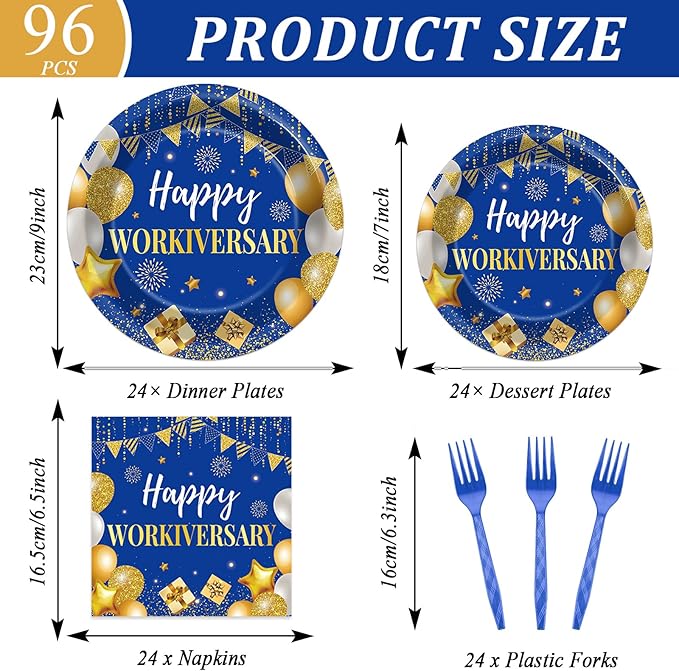 96Pcs Happy Work Anniversary Party Supplies Blue Gold Happy Workiversary Tableware Dinnerware Set Worker Appreciation Plates Napkins Decorations for Women Men Office Employee Worker
