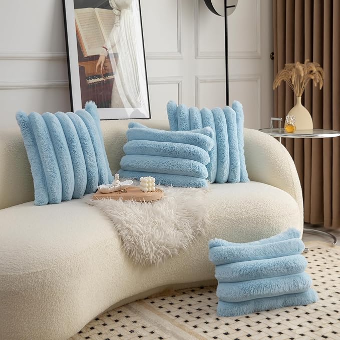 Neelvin Blue Faux Fur Cozy Soft Striped Decorative Throw Pillow Covers 16x16 inch Set of 2,Velvet Pillowcase Cushion Case for Sofa Couch