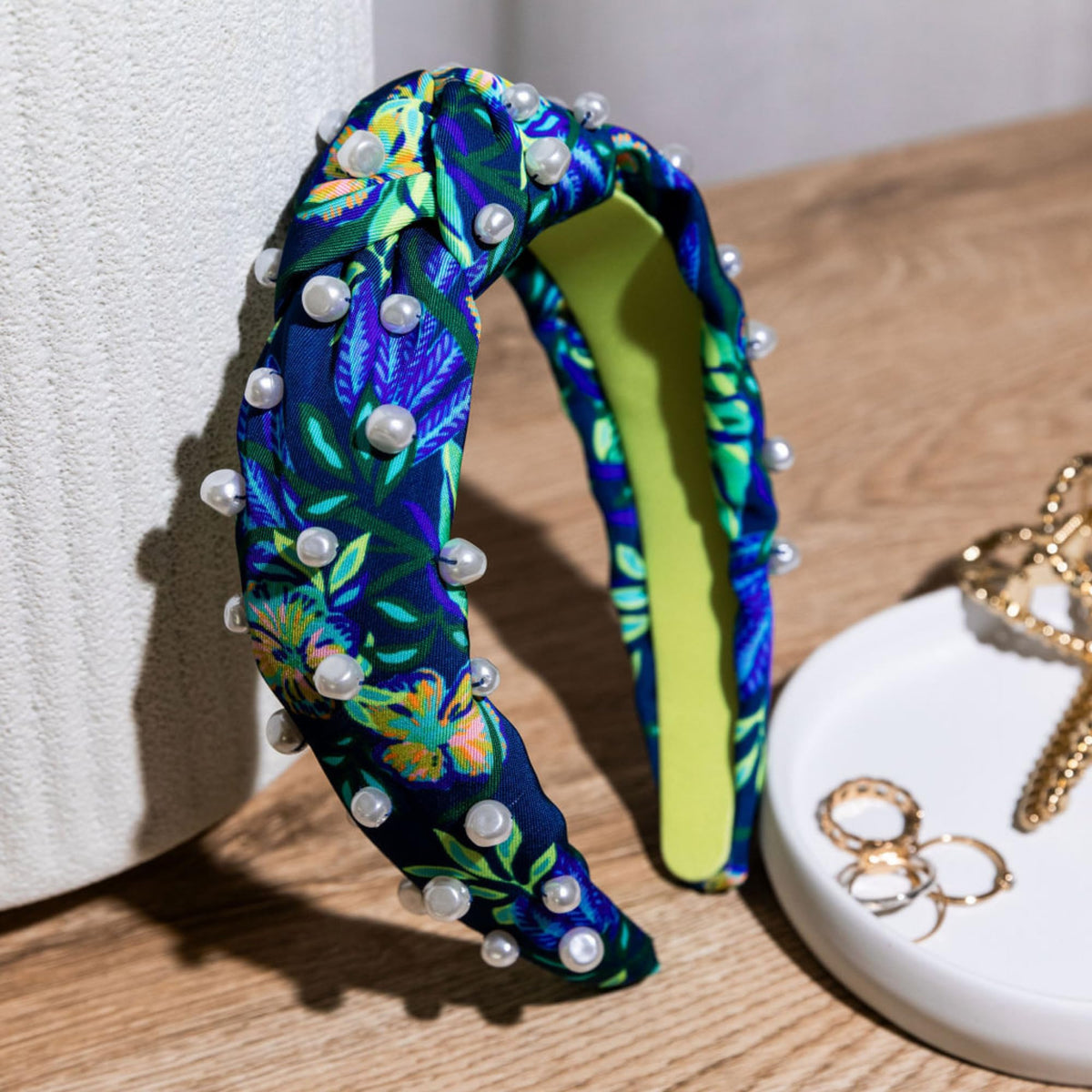 Lilly Pulitzer Colorful Knotted Pearl Headband, Wide Headband, Cute Pearl Embellished Hair Accessories for Women & Girls (The Hottest Spot Navy)