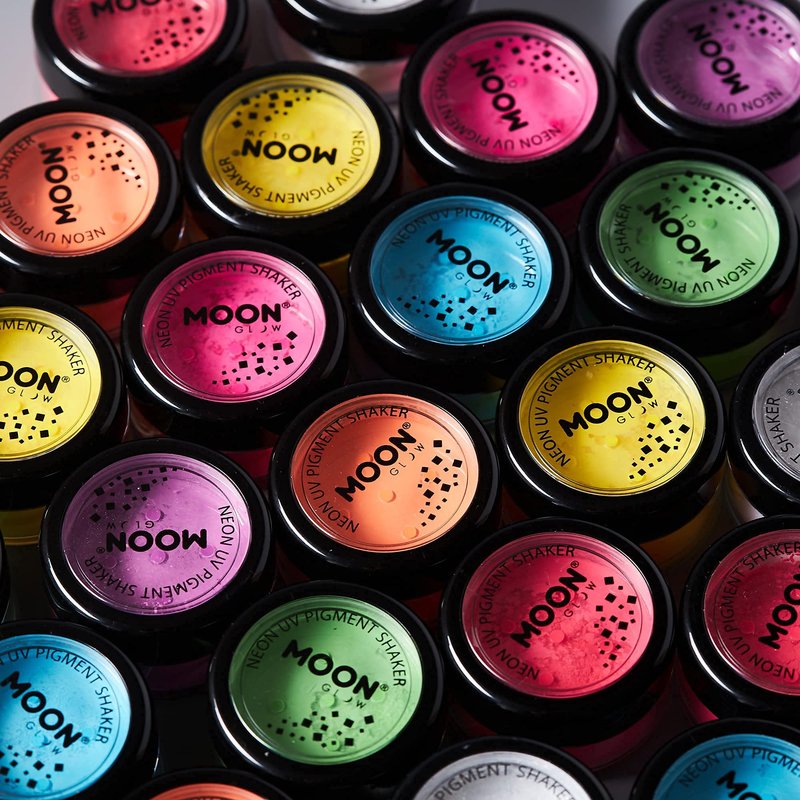 Moon Glow - Blacklight Neon UV Pigment Shaker 0.1oz Set of 8 – Glows brightly under Blacklights/UV Lighting! Use on the face/body, as loose eye shadow and for nail art