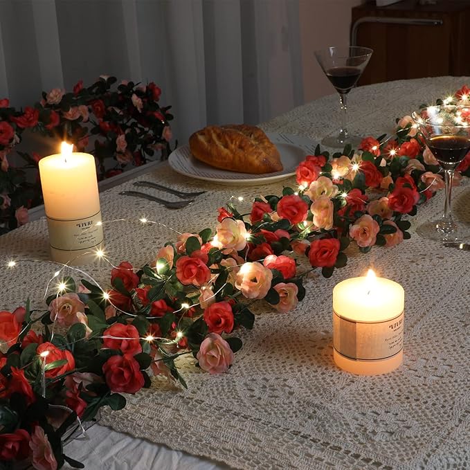 MARTINE MALL Flower Garland Vines, 5 Strands 41Ft With 33 Ft/100 LED String Lights - Rose Decoration for Bedroom, Room, Table, Wedding Decor