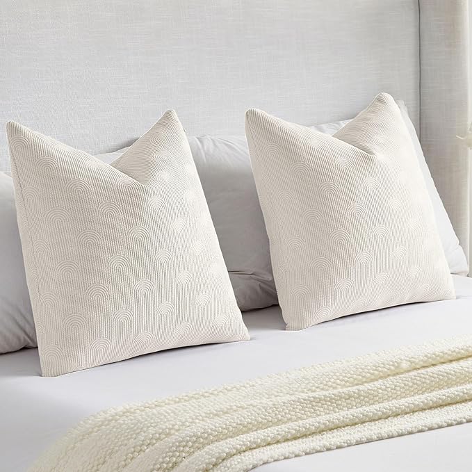 FUTEI Cream Chenille Decorative Throw Pillow Covers 26x26 Inch Set of 2,Soft Cozy Striped Geometric Patterns Euro Pillow Shams,Modern Home Decor for Couch Bed Living Room