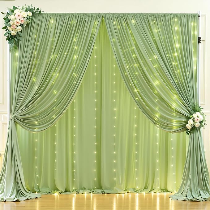 10 x 10ft Sage Green Backdrop Curtains with Lights String Green Polyester Photo Drapes Wrinkle Free Curtains Backdrop for Birthday Parties Wedding Reception Baby Shower Ceremony-5 x 10ft x 2P