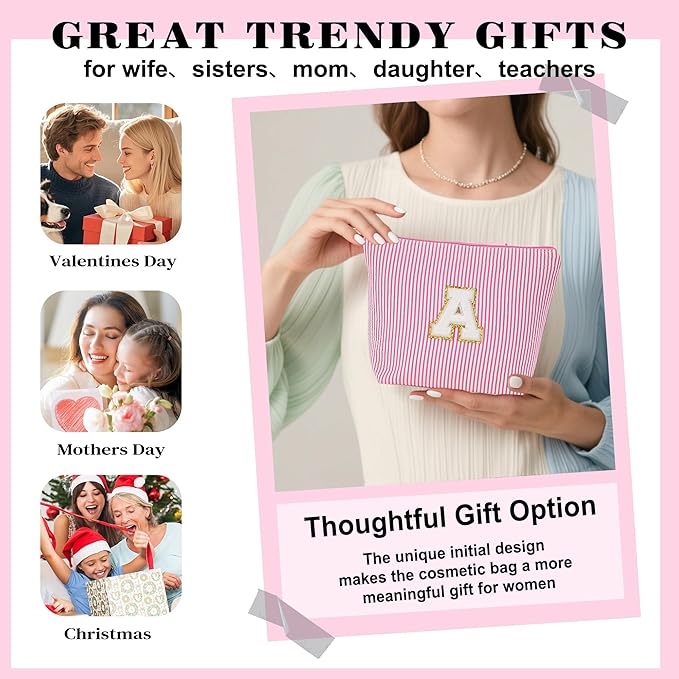 Sister Birthday Gifts for Girls - Travel Makeup Bag, Big Sister Gifts for Girls 6-12 Year Old Girl Gift Teen Girl Gifts Trendy Stuff, Cute Stuff Initial Makeup Bags Set, Pink Letter S