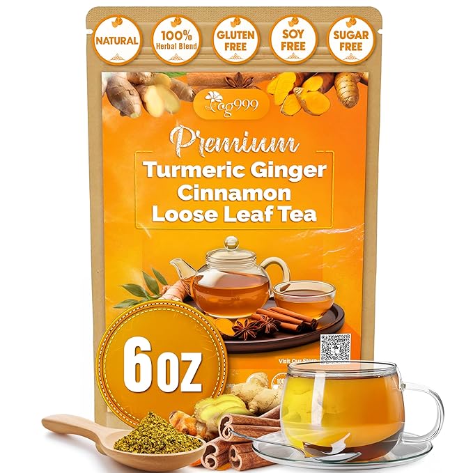 TOG999, Premium 6oz/100 cups Ginger Turmeric Cinnamon Loose Leaf Herbal Tea. Improve Digestion, Support Brain, Weight, Skin and Sleep. Premium Quality Spiced Blend. No Sugar, No Caffeine, No Gluten, Vegan.