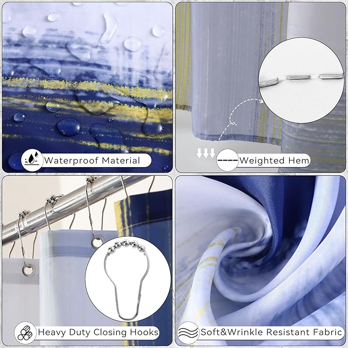 Blue and Gold Bathroom Accessories Set, Bathroom Sets with Shower Curtain, Blue Bathroom Accessories with Trash Can, Soap Dispenser, Soap Dish, Toilet Brush Holder, Qtip Holders for Bathroom