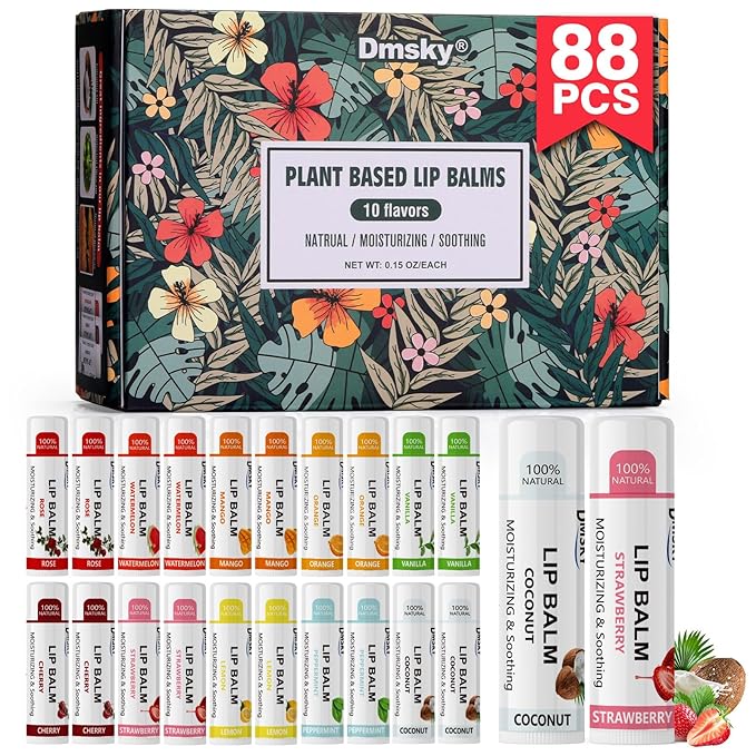 88 Pack Lip Balm Bulk, Fruit Lip Balm Variety Pack, Natural Moisturizing Balms for Dry Cracked Lips, Hydrating for Men Women Kids - 10 Flavors