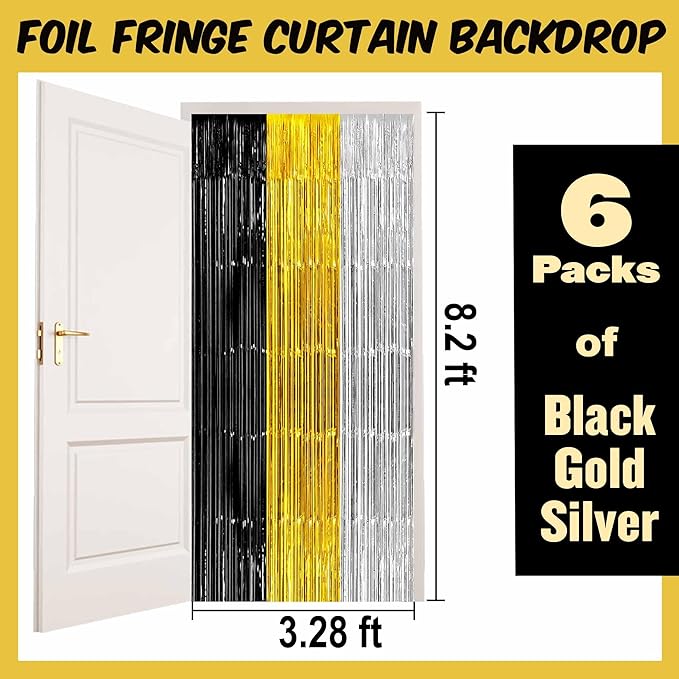 6 Pack Black Gold Silver Foil Fringe Curtains Backdrop, 3.28 x 8.2 Ft Metallic Streamers Tinsel Curtains Background for Photo Booth, Birthday, Christmas, Halloween, New Year Party Decorations