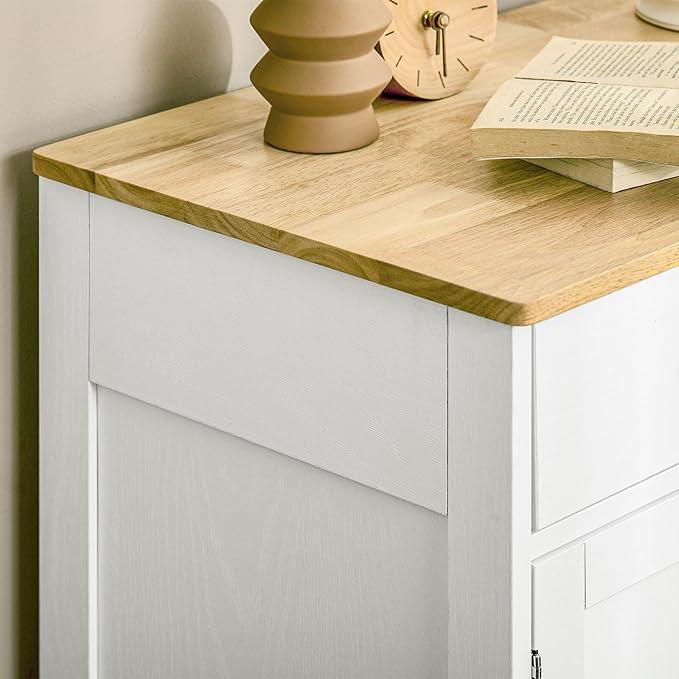 HOMCOM Sideboard with Solid Wood Countertop, Modern Kitchen Storage Cabinet, Coffee Bar Cabinet with 2 Drawers, Doors and Adjustable Shelf, Distressed White