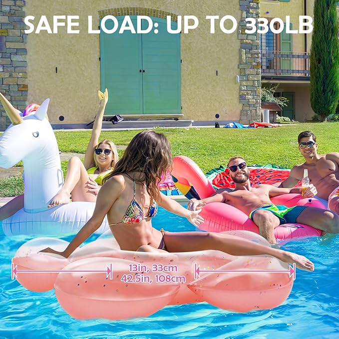 HeySplash Pool Floats, Large Pink Floats for Adults, Inflatable Floatie Loungers wih Glitter, Bachelorette Fun Decor, Swim Tube River Lake Wedding Bride Engagement Party Decor Toy Raft