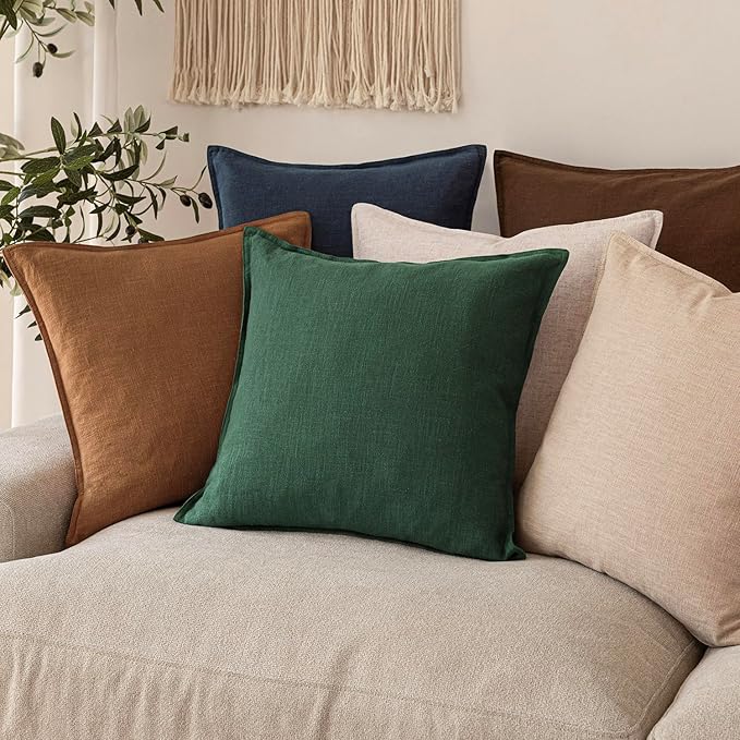 Foindtower Set of 2, Decorative Linen Soild Throw Pillow Covers Soft Accent Euro Cushion Case Farmhouse Neutral Pillowcase for Chair Couch Sofa Bedroom Living Room Home Decor 18 x 18 Inch Pine Green