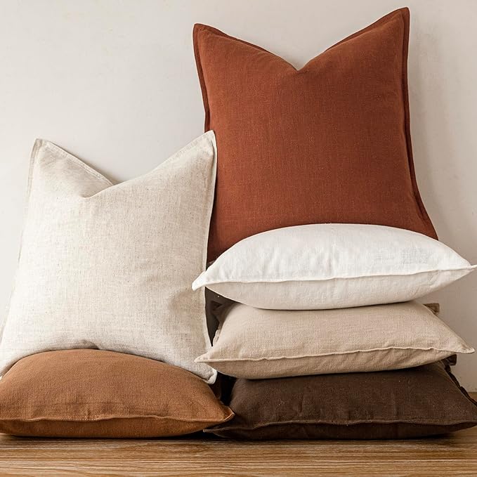 Foindtower Pack of 2, Decorative Linen Soild Throw Pillow Covers Soft Accent Cushion Case Farmhouse Neutral Pillowcase for Chair Couch Sofa Bedroom Living Room Home Decor 22 x 22 Inch Fall Rust Orange