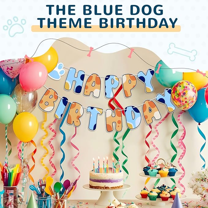 Blue Dog Birthday Party Supplies, Blue and Orange Banner Dog Happy Birthday Banner Party Decorations for Decoration Centerpieces