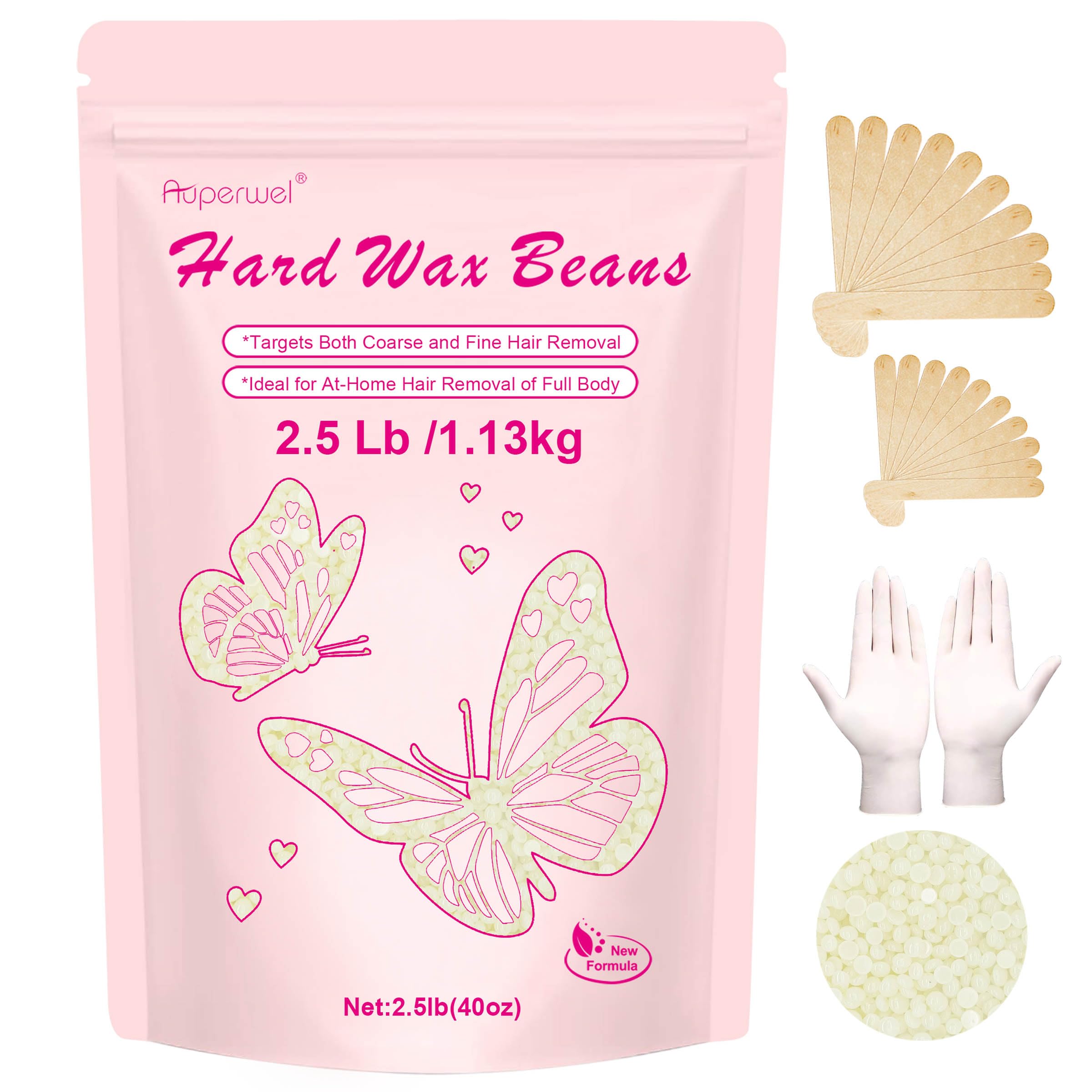Auperwel Wax Beads 2.5lb,Hard Wax Beads Suitable for Brazilian Bikini & Coarse Hair, Sensitive Skin Hard Wax for Hair Removal (Face/Body/Armpit), Refill Wax Bags for At-Home Waxing