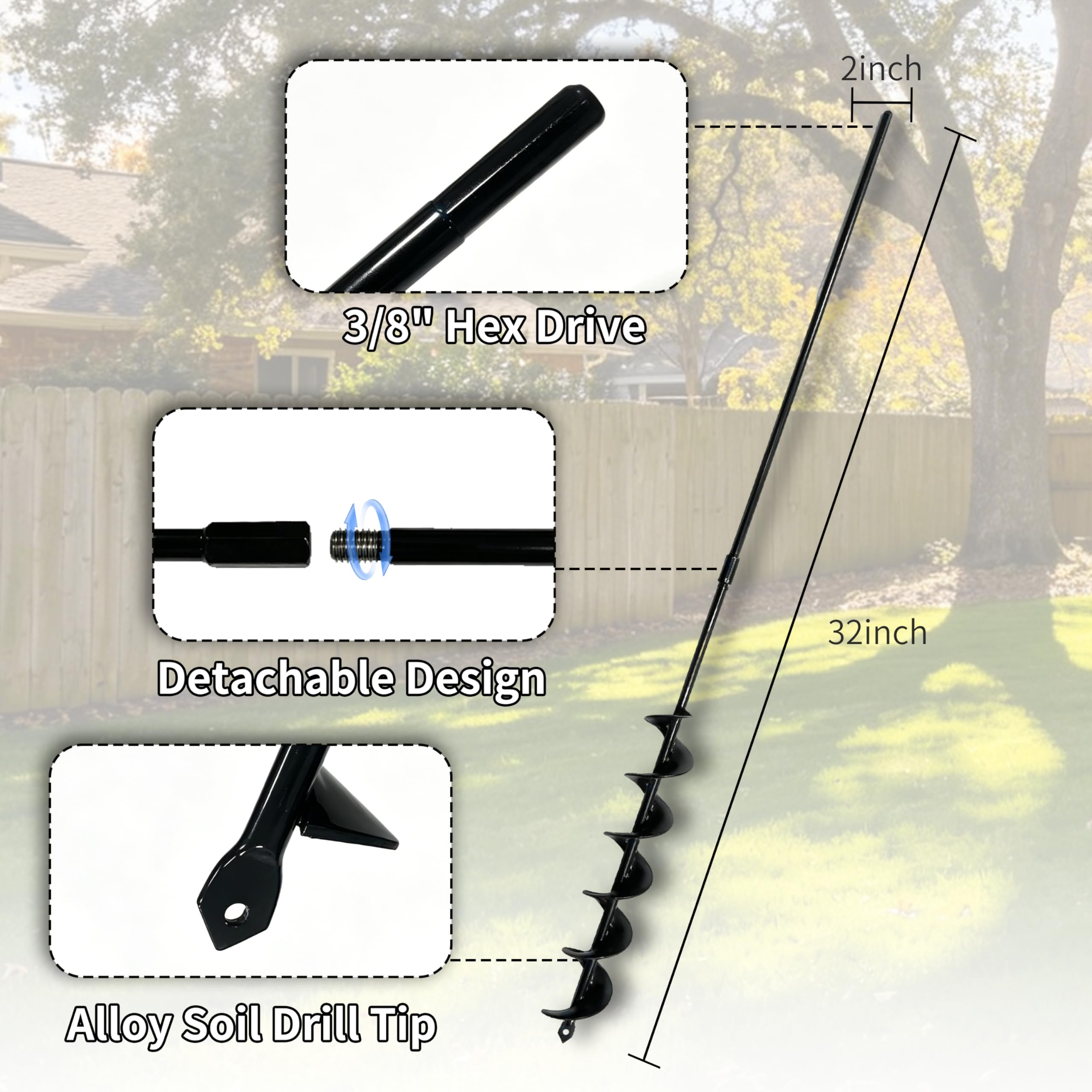 TCBWFY 2x32 Inch Auger Drill Bit for Planting - Long Handle Easy Planter Garden Auger - Bulb & Bedding Plant Augers - Post Hole Digger for 3/8”Hex Drive
