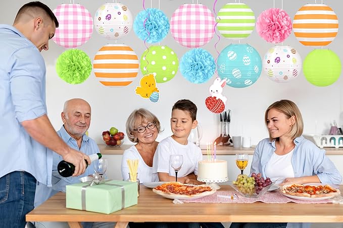 16pcs Easter Party Hanging Decorations – Pastel Paper Lanterns and Pom Poms Set for Classroom, Birthday Supplies, Egg Hunt, Indoor Home Spring Decor