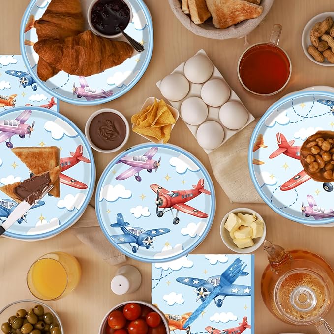Rakuto Airplane Birthday Tableware Party Decorations, 96PCS Airplane Party Plates Napkins and Forks Supplies, Disposable Cartoon Airplane Baby Shower Decor Serves 24