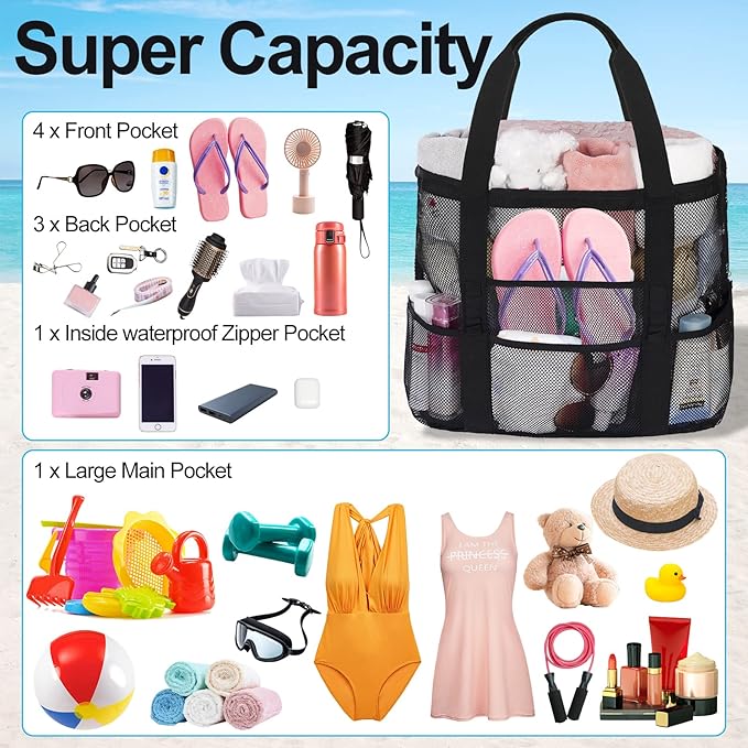 Mesh Beach Bags for Family - Women Beach Tote Bag for Toys, Towels, Travel Vacation Cruise Essentials
