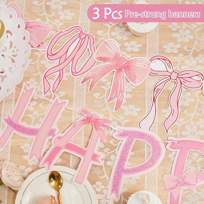 Pre-Strung Pink Bow Birthday Decorations, Pink Coquette Party Decorations, Bow Party Supplies Include Happy Birthday Banner, Bow Garland Banner for Girls
