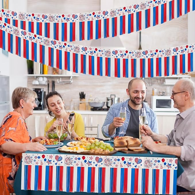 4th of July Decoration 4 Packs 10 Feet Long Foil Fringe Star Garland Memorial Day USA Red White Blue Independence Day Tinsel Metallic Streamers Patriotic Banner Car Parade Floats Garden Trailer