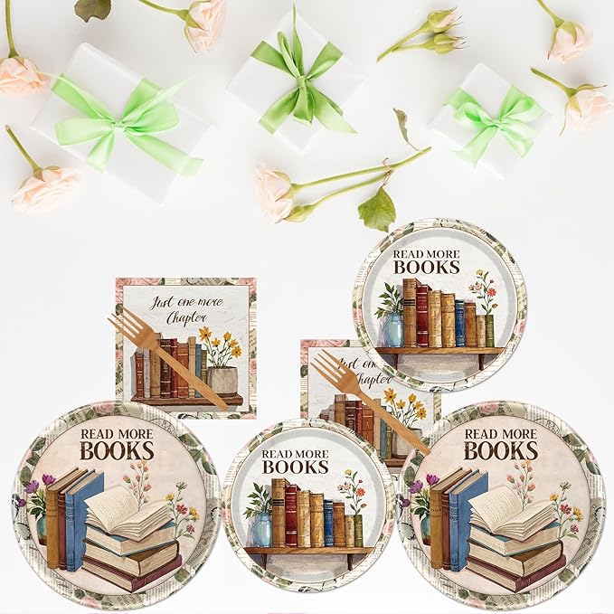 Rakuto Book Themed Party Tableware Decorations, 96PCS Book Club Paper Plates Napkins and Forks, Library Reading Club Party Decor, Serve 24