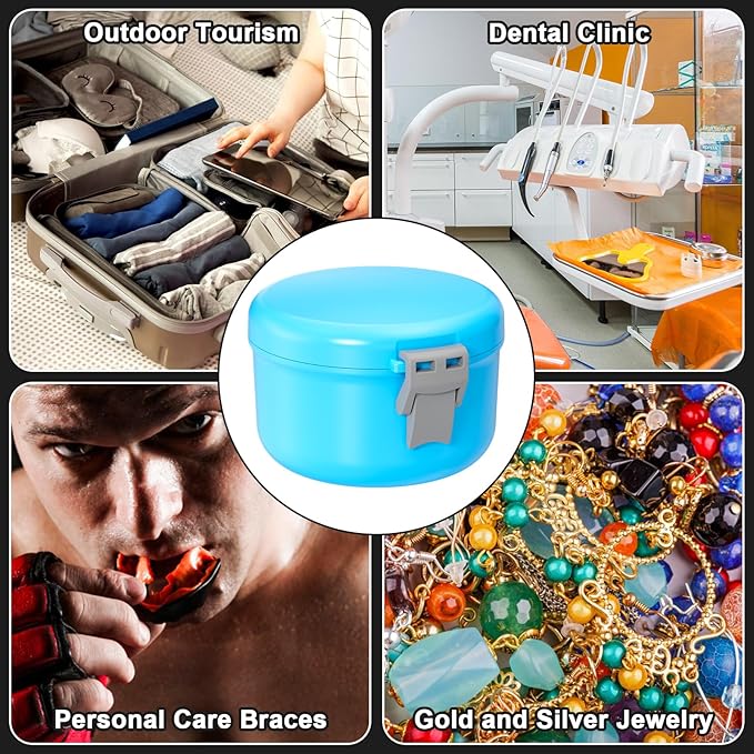 Leak Proof Denture Bath Case, Travel Denture Cup for Soaking Dentures & Retainer, Retainer Cleaner Case, Round False Teeth Container, Sky Blue + Silver Gray.