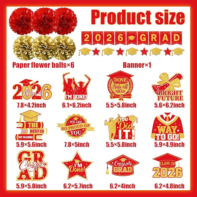 Red and Gold Graduation Decorations, 2026 Grad Banner and Congrats Grad Hanging Swirls, Red and Gold Graduation Banner Graduations Hanging Swirls College Graduations Party Decorations Class of 2026