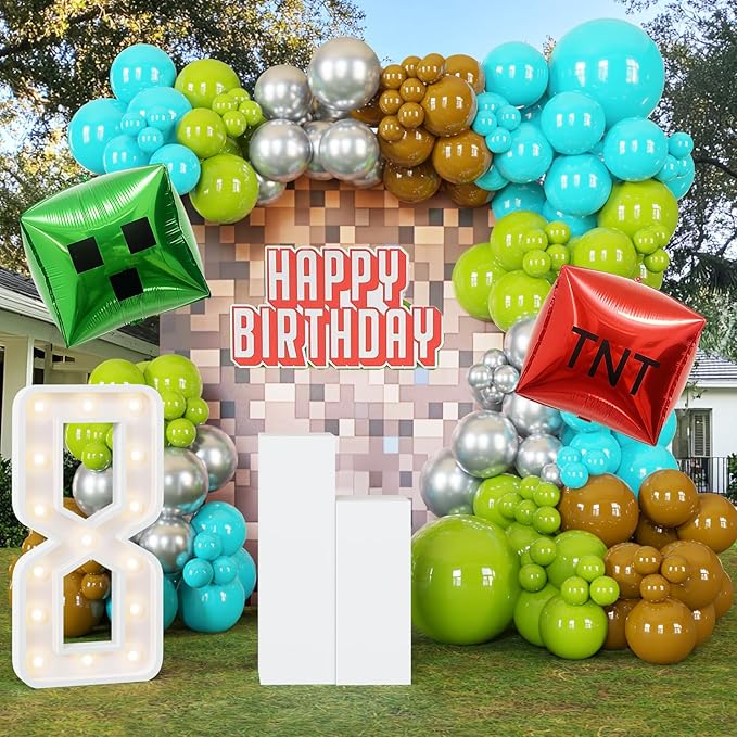 127Pcs Video Game Balloon Arch Garland Kit with Green Teal Blue Brown Metallic Silver Balloons, for Gaming Theme Party Decor, Birthday Party Supplies, Kids' Party Crafts and Decorations