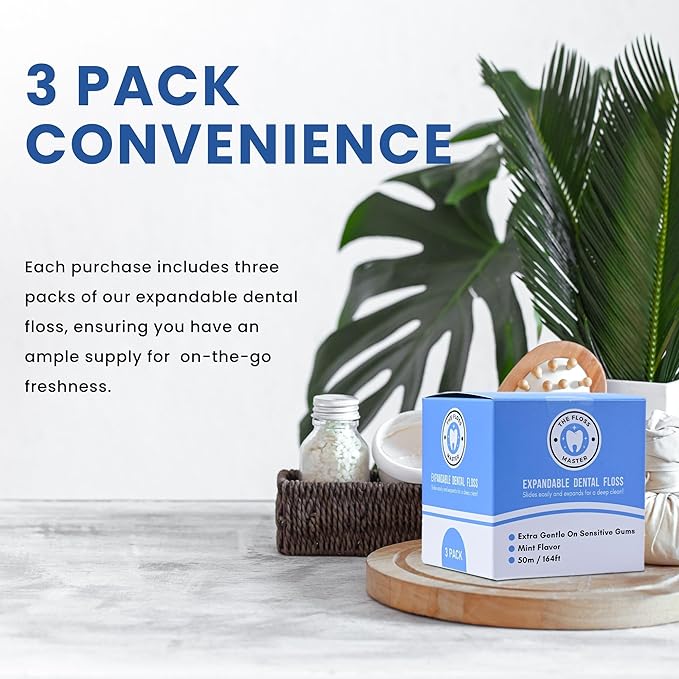 Expandable Dental Floss 3 Pack I Plastic-Free Dispenser I 50 Meter / 164 feet per Pack I Gentle Glide for Effective Cleaning I Mint Flavor