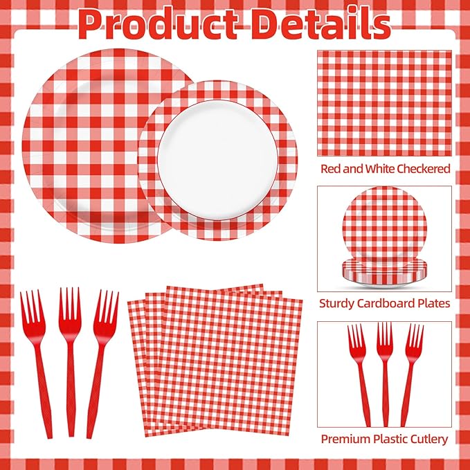 100 Pcs Red White Gingham Party Supplies Set, Serves 25 – Disposable Checkered Paper Plates, Napkins, and Forks, Classic Picnic Themed Tableware for BBQ, Outdoor, Birthday, Holiday Party Decorations