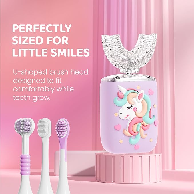 Well Before Kids U Shaped Electric Toothbrush with 5 Brush Heads, Ultrasonic, 5 Modes, IPX7 Waterproof Design (Unicorn, Pink Ages 2-7)