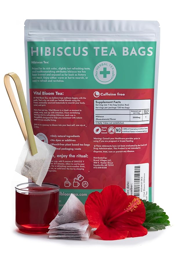 Vital Bloom Hibiscus Tea, 120 Tea Bags, 100% Natural Hibiscus Flowers, Caffein Free, Hot or Cold Brew Herbal Tea, Bleach Free Tea Bags, Non GMO (Free Bamboo Tongs included)