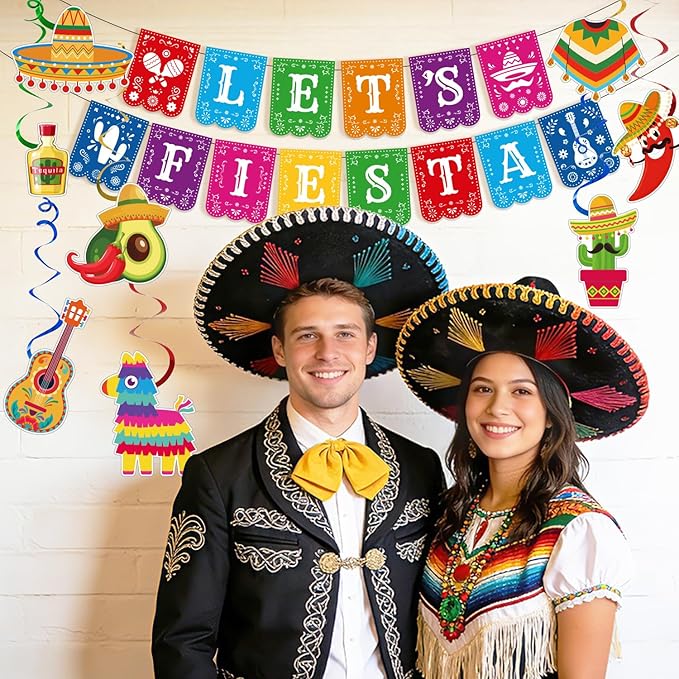 Mexican Fiesta Party Decorations Set - 27 PCS Let's Fiesta Banner, Colorful Paper Pom Poms, Hanging Swirls & Table Centerpieces - Perfect for Cinco de Mayo, Taco Tuesday, Birthday & Graduation