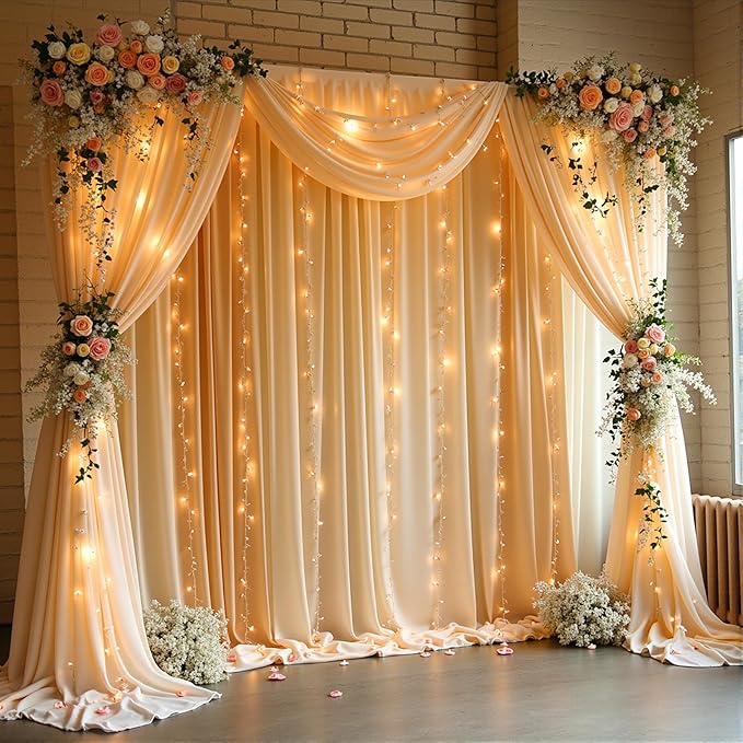 10 x 10ft Dark Champagne Backdrop Curtains with Lights String for Wedding Polyester Photo Backdrop Drapes Wrinkle Free Long Curtains Back Drop for Birthday Parties Reception Baby Shower Ceremony Event