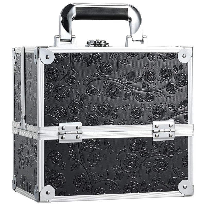 FRENESSA Makeup Train Case Cosmetic Box Portable Makeup Case Organizer 4 Trays Travel Case Storage with Dividers Lockable for Make up Artist Crafter Nail Kits Tools Black Floral