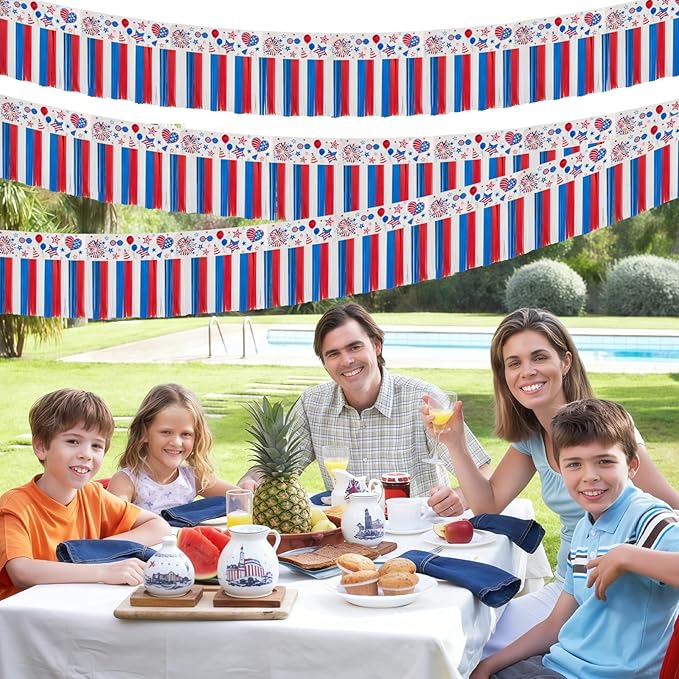 4th of July Decoration 4 Packs 10 Feet Long Foil Fringe Star Garland Memorial Day USA Red White Blue Independence Day Tinsel Metallic Streamers Patriotic Banner Car Parade Floats Garden Trailer