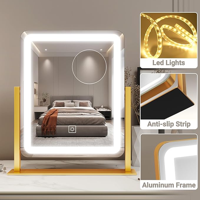 FENNIO Vanity Mirror with Lights - 15"x12.6" LED Lighted Makeup Mirror, Large Makeup Mirror with Lights, Touch Screen with 3-Color Lighting, Dimmable, for Vanity Desk Tabletop, Bedroom Gold