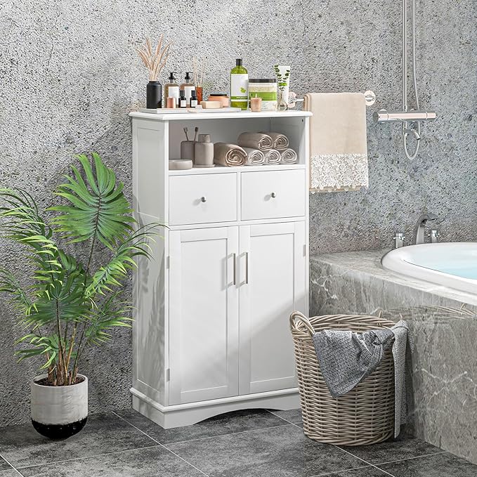 Tangkula Bathroom Cabinet, Floor Standing Storage Organizer w/2 Drawers & 2 Doors, 3-Position Adjustable Shelves, Anti-Toppling Design, Floor Cabinet for Bathroom (White, 2 Drawers & Cabinet)