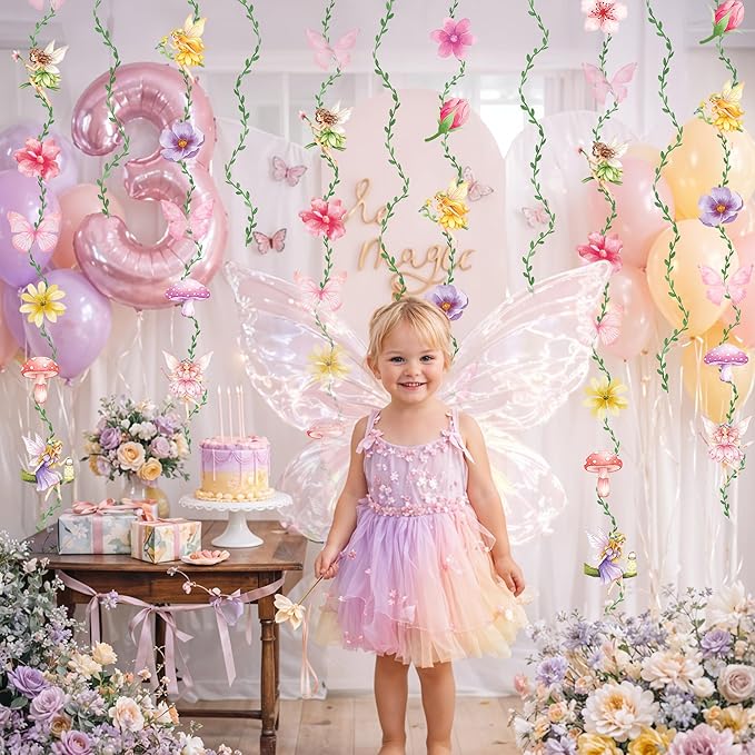 Fairy Birthday Party Garlands, Ready to Hang Fairy First Birthday Decorations with Double Sided Flowers Butterflies and Green Vines for Fairy Baby Shower, Girls Birthday and Garden Party