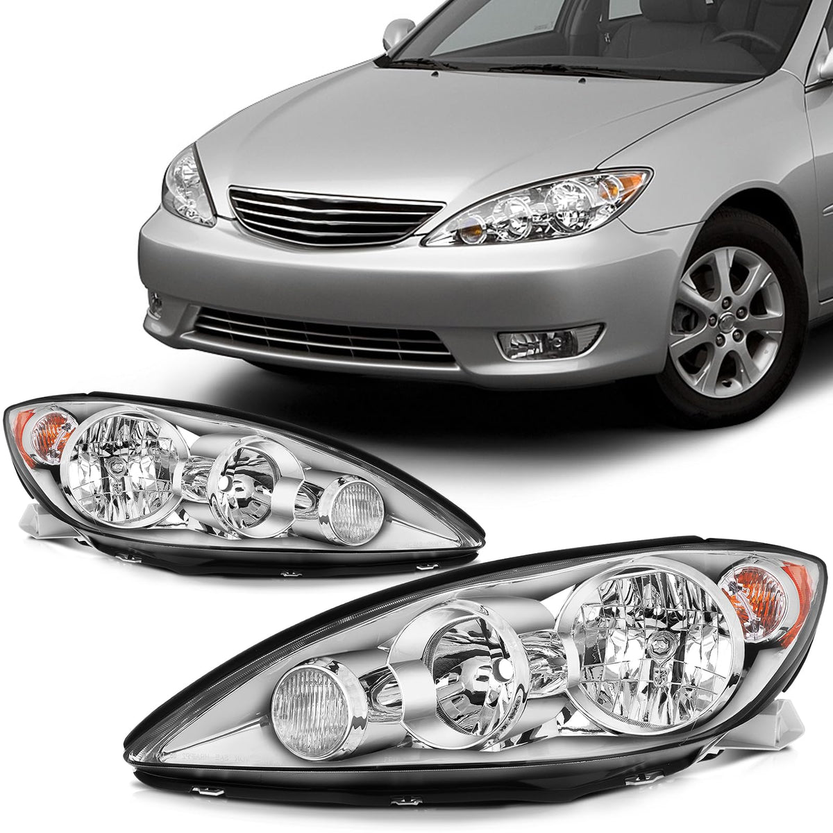 SCITOO Headlights For Toyota Camry 2005-2006 Headlamps Chrome Housing Amber Reflector Clear Lens Driver and Passenger Side