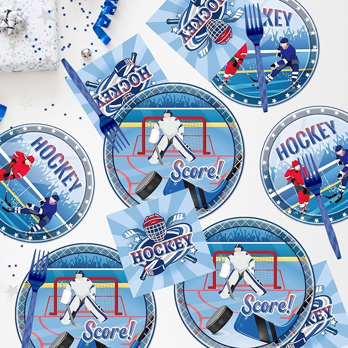 Rakuto Hockey Birthday Decorations Supplies, 96PCS Disposable Hockey Paper Plates and Napkins Forks, Sports Party Baby Shower Decor Tableware Set Dinnerware (24 Guests)