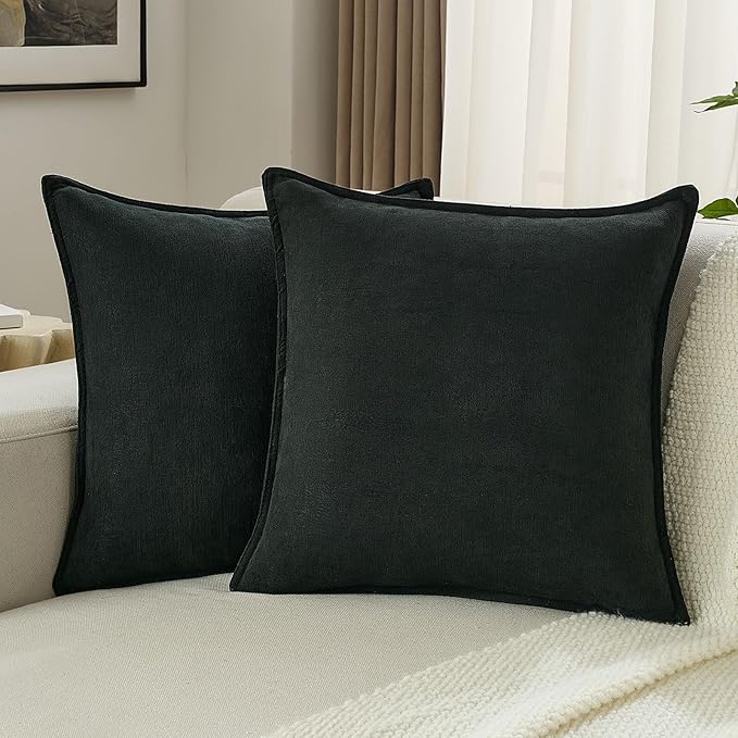 FUTEI Black Chenille Throw Pillow Covers 20x20 Inch Set of 2,Edges Double-Stitched Cushion Cases,Modern Home Decor for Couch Living Room