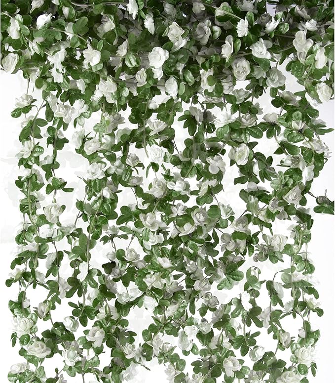 6 Pcs x 8.2 ft Flower Garland Artificial Rose Vine Flowers with Green Leaves Hanging Fake Roses Vine for Room Party Home Wedding Birthday Christmas Wall Arch Decor, Spring White Flower