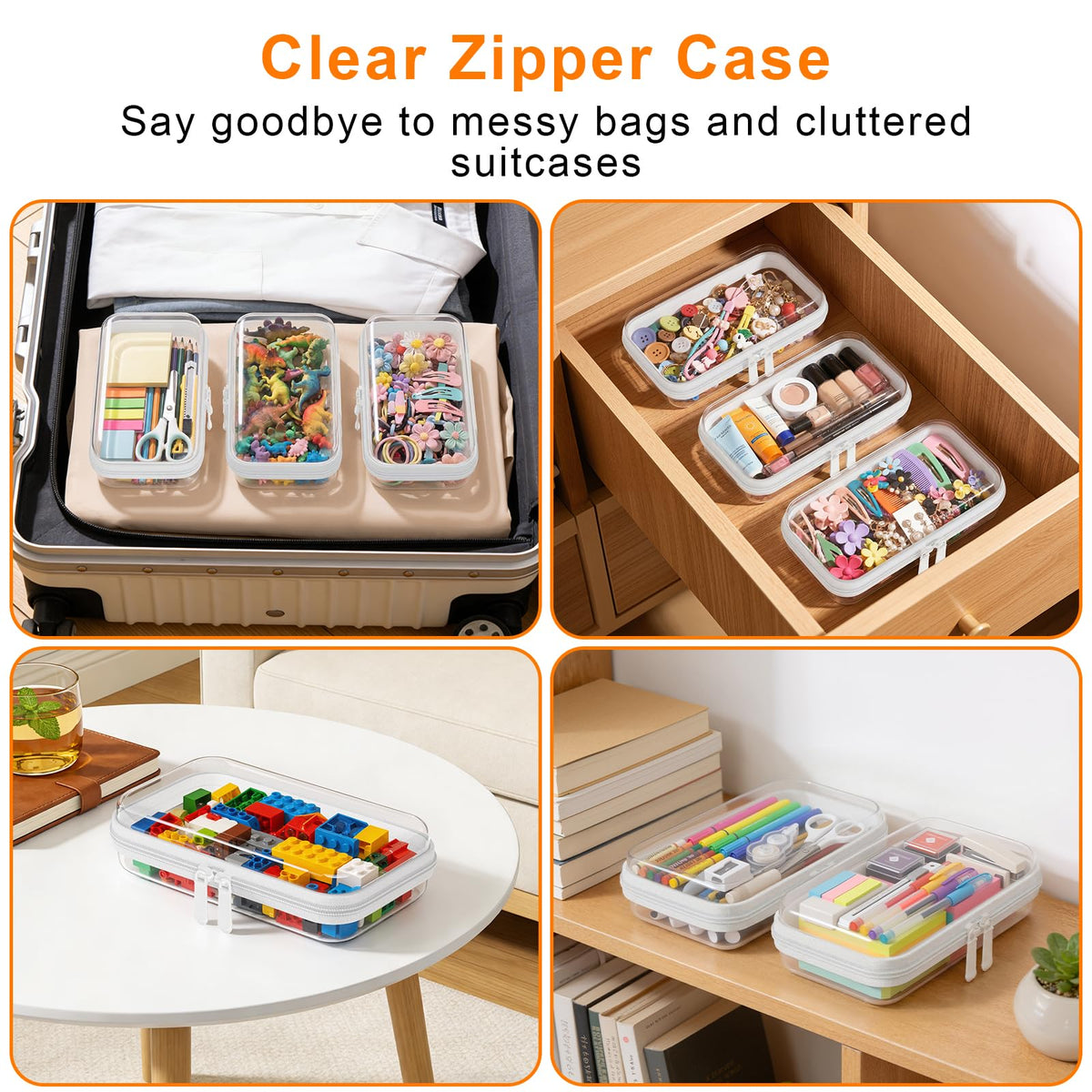 3PCS Clear Hard Shell Zipper Case,Toy Organizers and Storage Box,Clear Toiletry Cosmetic Case,Travel Makeup Bags, Diaper Bag Organizer,Pencil Case,Stackable Portable Transparent Zipper Pouches Black-L