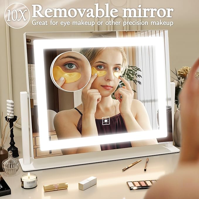 16x12 Inch Vanity Mirror with Lights, Lighted Makeup Mirror with 10X Magnification, Smart Touch 3 Colors Dimmable, Dresser Mount, Bathroom (White)