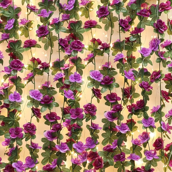 MARTINE MALL Flower Garland Rose Vines, 5 Strands 41Ft Flowers Vines for Bedroom with 33 Ft/100 LED String Lights, Rose Flower Garland Decoration, Rose Floral Garland for Room Table Wedding Decor