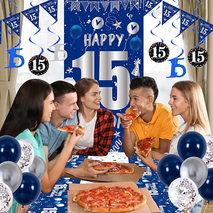 15th Birthday Decorations for Boys Girls, Blue Silver 15th Birthday Decorations Backdrop Banner, Happy 15th Birthday Tablecloth, Number 15 Hanging Swirls, Triangle Flag, 15 Years Old Party Supplies