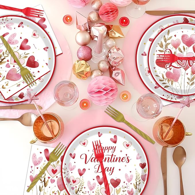 Rakuto Valentines Day Plates and Napkins Decorations, 96PCS Galentines Love Hearts Flower Party Tableware Decoration, Valentine's Day Sweet Love Dinner Forks Decor for Wedding Kitchen Dinner Supplies