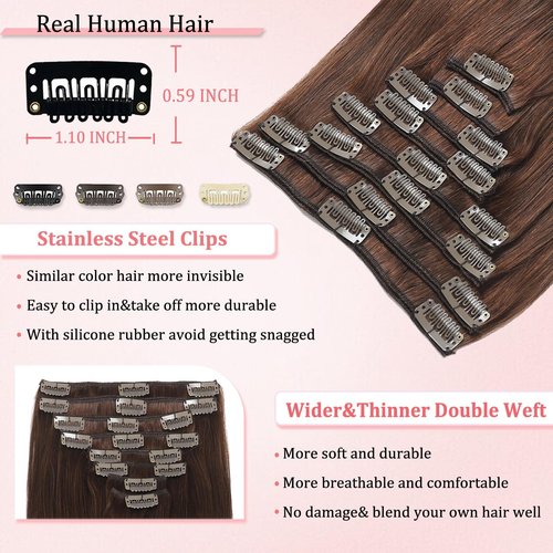 Clip in Hair Extensions Real Human Hair Clip in Extensions for Women Seamless Invisible Chocolate Brown Natural Remy 100% Human Clips ins Extension 8pcs Double Weft 22 inch 4oz/110g