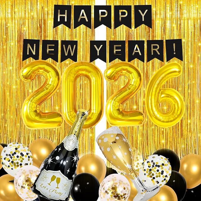 106 Pcs Gold Happy New Year Balloons, Huge Black Gold Champagne Bottle Goblet Aluminum Foil Balloons for New Years Eve Party Decorations Supplies Nye Decorations 2026